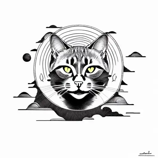 Black Cat surrounded by hills and big sea tattoo design idea