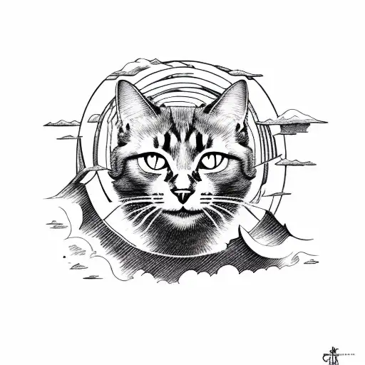 Black Cat surrounded by hills and big sea tattoo design idea