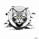 Black Cat surrounded by hills and big sea tattoo design idea