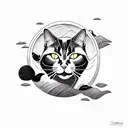 Black Cat surrounded by hills and big sea tattoo design idea