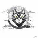 Black Cat surrounded by hills and big sea tattoo design idea