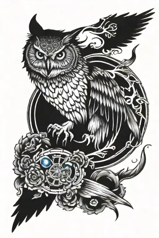 Wolf blue eyes Owl flying tattoo design idea