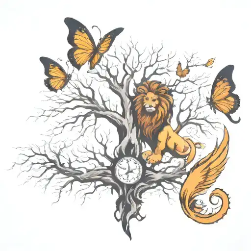tree, lion, butterfly and phoenix rising from the ashes tattoo design idea