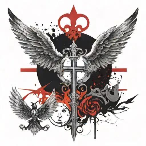 The Cross and Yin Yang and the Crown and Wings of the Angel tattoo design idea