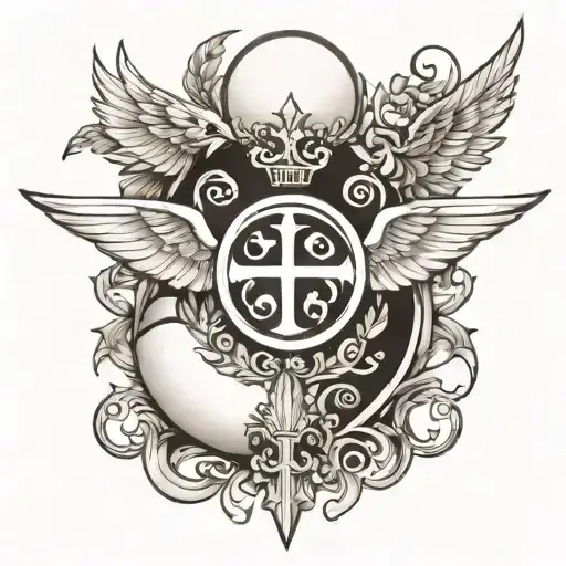 The Cross and Yin Yang and the Crown and Wings of the Angel tattoo design idea