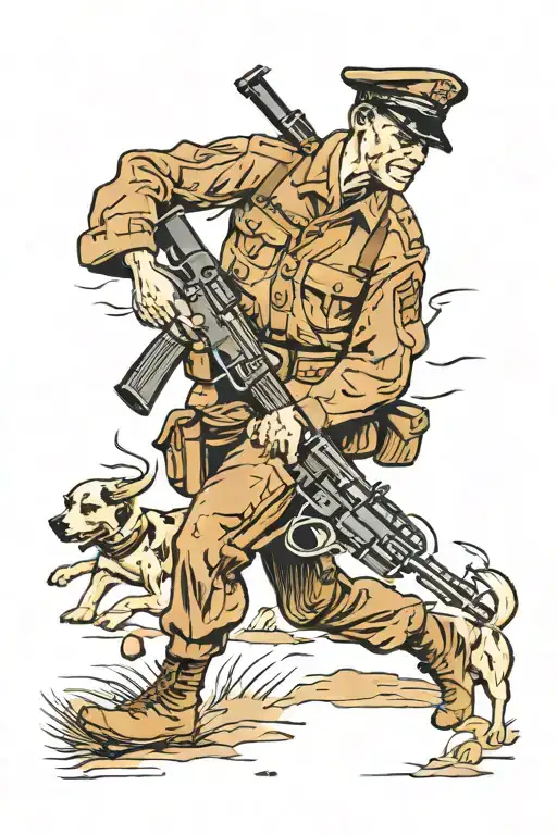 marinewith just a pistol in left hand and dog tags in right hand walking through battlefield surrounded by dead soldiers tattoo design idea
