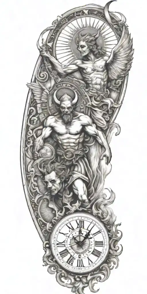 devil and angel, time, sun tattoo design idea