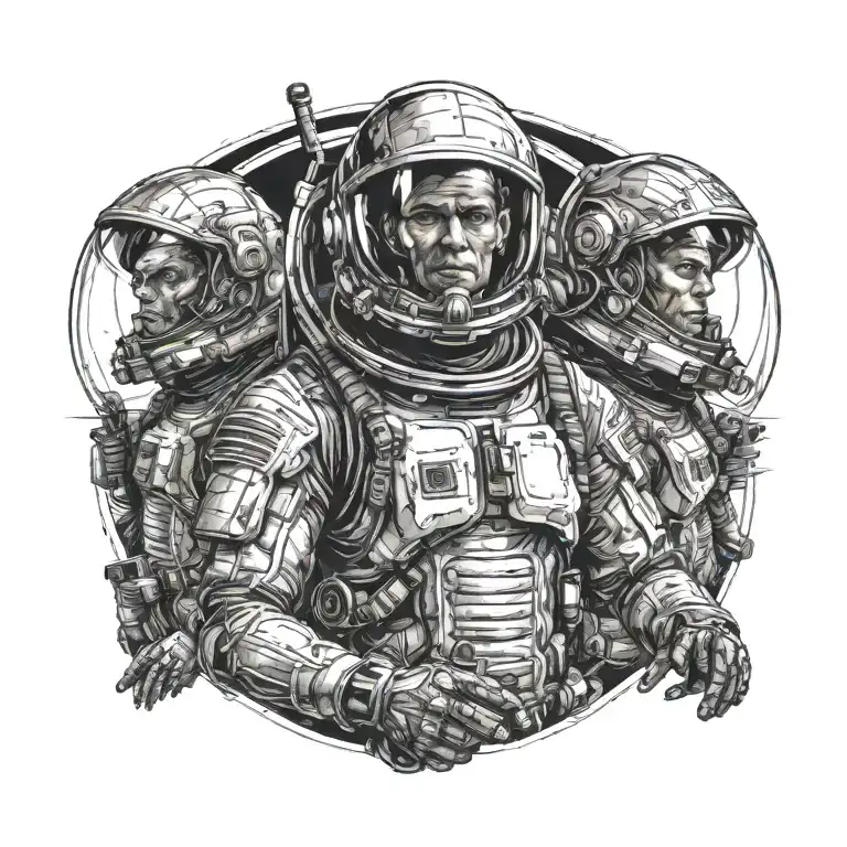 background is reflection in visor of helmet, alien attacking astronauts  tattoo design idea