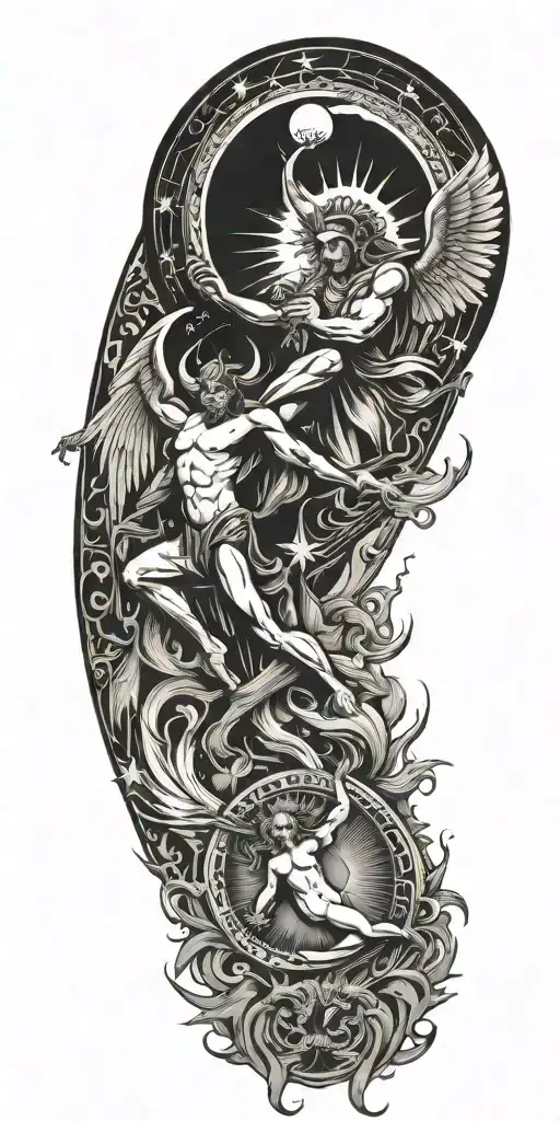 devil and angel , sun moon stars tattoo design idea