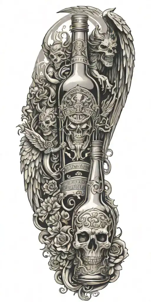 alcohol bottle, devil and angel, time, sun tattoo design idea