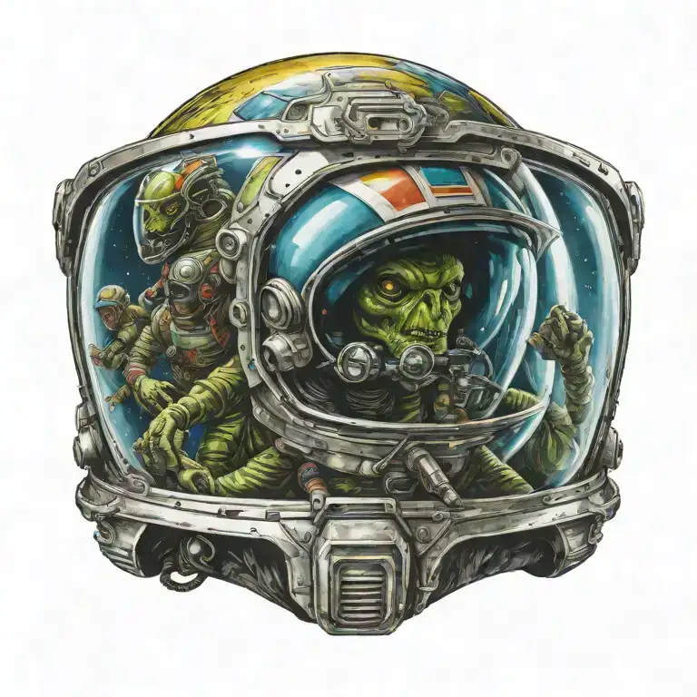 reflection in visor of helmet, alien attacking astronauts  tattoo design idea