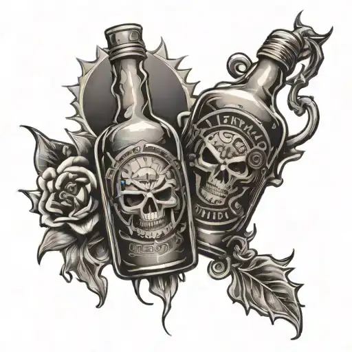 alcohol bottle, god and devil, sun, time piece tattoo design idea