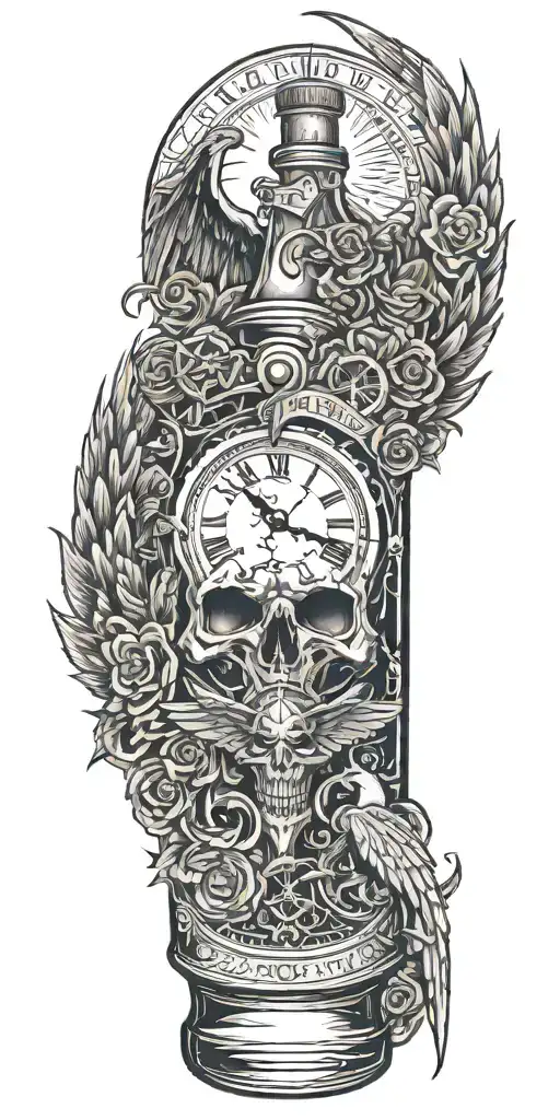 alcohol bottle, devil and angel, time piece, sun shining tattoo design idea