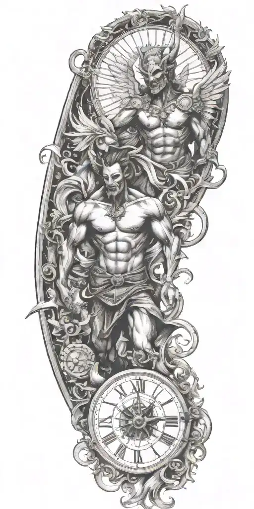 devil and angel, time, sun tattoo design idea