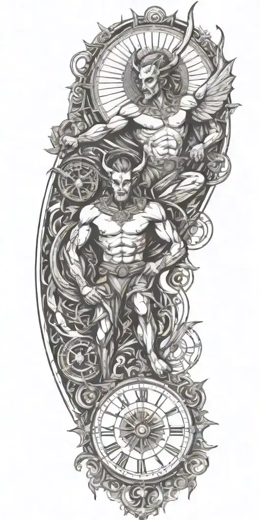 devil and angel, time, sun tattoo design idea
