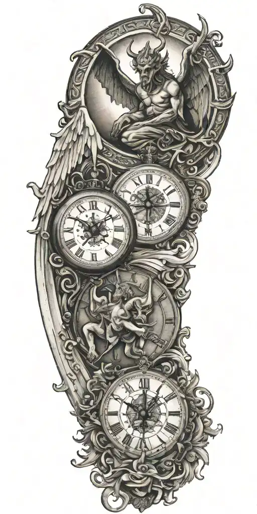 devil and angel, time, sun tattoo design idea