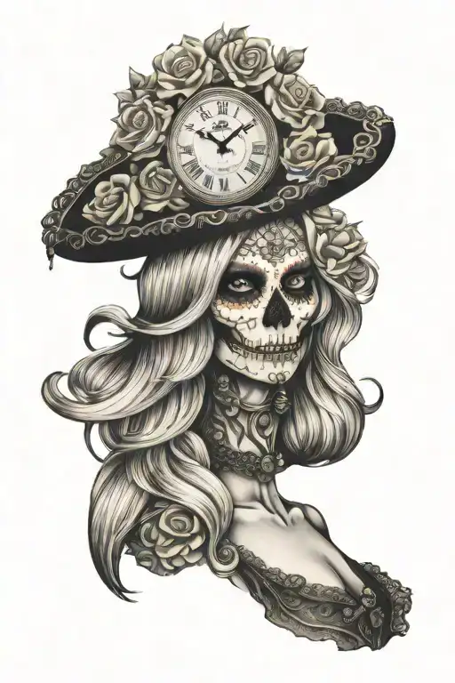 la Catrina blonde long hair with clock embedded tattoo design idea