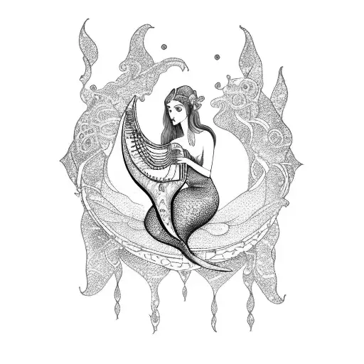 A dotwork tattoo of a beautiful mermaid playing a harp, embodying the enchanting and mystical nature of Virgo and Aquarius tattoo design idea