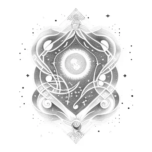 A cosmic symphony of musical notes swirling around a constellation of Virgo and Aquarius zodiac symbols tattoo design idea