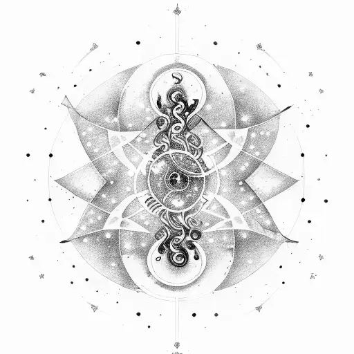 A cosmic symphony of musical notes swirling around a constellation of Virgo and Aquarius zodiac symbols tattoo design idea