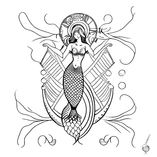 A dotwork tattoo of a beautiful mermaid playing a harp, embodying the enchanting and mystical nature of Virgo and Aquarius tattoo design idea