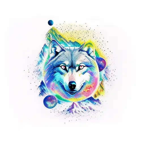 nature sleeve with a galaxy, a crow, mountains, trees, a wolf and a river tattoo design idea