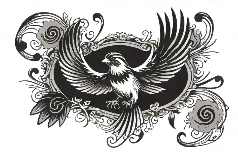sparrow in flight, picking at a bass clef symbol tattoo design idea