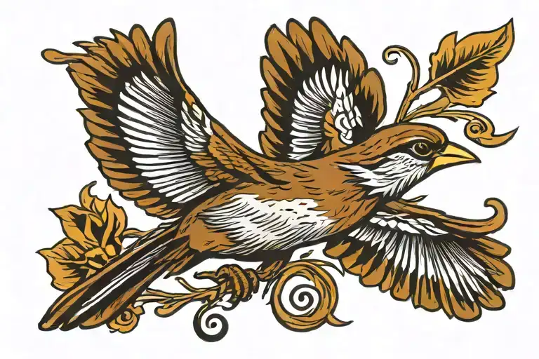 sparrow in flight, picking at a bass clef symbol tattoo design idea