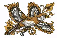 sparrow in flight, picking at a bass clef symbol tattoo design idea