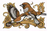sparrow in flight, picking at a bass clef symbol tattoo design idea