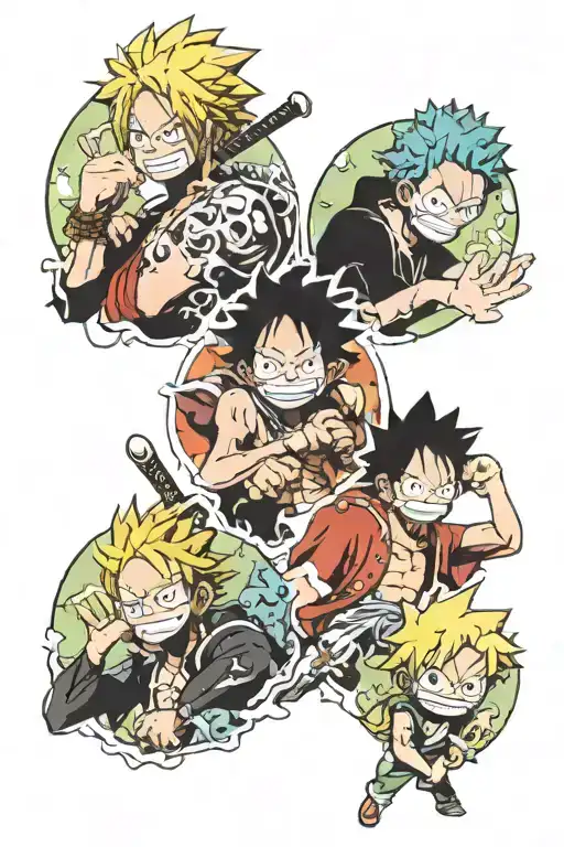 one piece anime, demon slayer anime, black clover anime, and jujutsu kaisen anime tattoo design idea