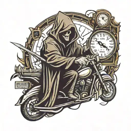 grim reaper holding a schythe that is pulling the needle to a car speedometer  tattoo design idea