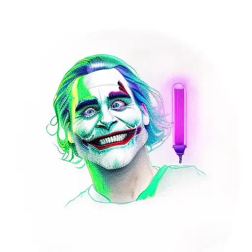 a Joaquin Phoenix joker siting on a stool in colorful clothes in the dark with only a light bulb above him shining tattoo design idea