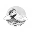 volcano with two scuba divers below tattoo design idea