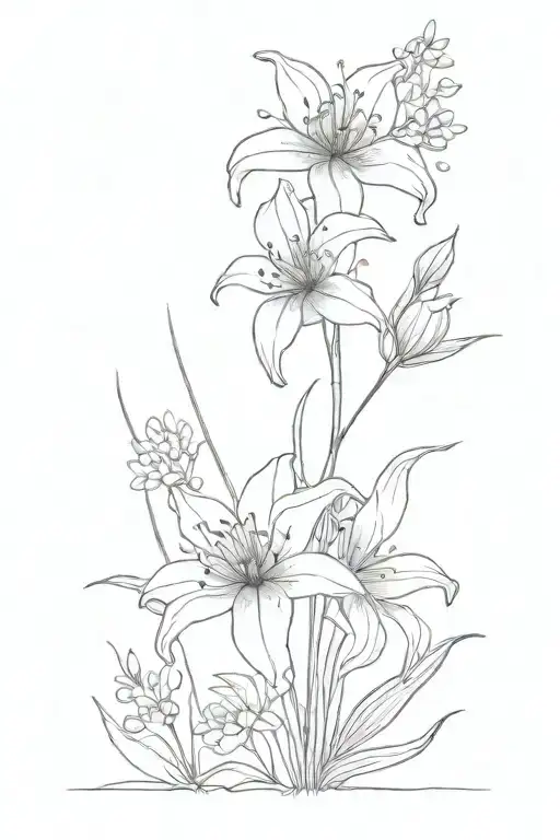 spiderlily and elderflower fine line tattoo design idea