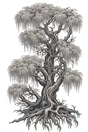 feminine mystical weeping willow tree with claddagh intertwined in roots tattoo design idea