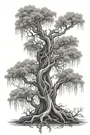 feminine mystical weeping willow tree with claddagh intertwined in roots tattoo design idea