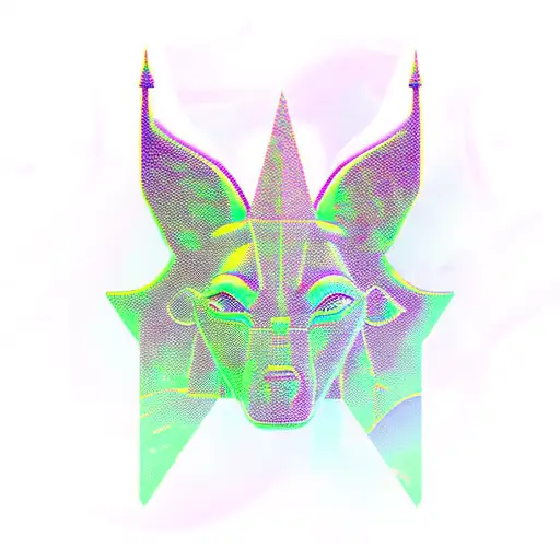 Anubis holding the scales of justice that look glitched. vapor wave style with pyramid, grids, and palm trees. tattoo design idea