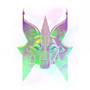 Anubis holding the scales of justice that look glitched. vapor wave style with pyramid, grids, and palm trees. tattoo design idea