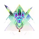 Anubis holding the scales of justice that look glitched. vapor wave style with pyramid, grids, and palm trees. tattoo design idea
