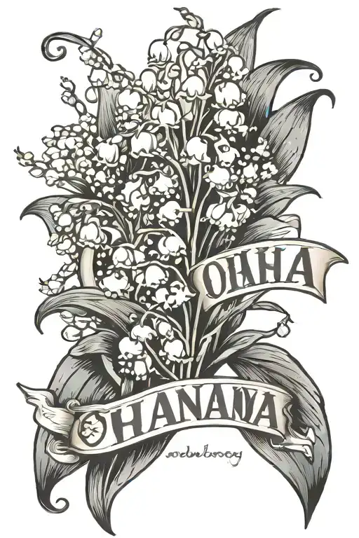 Lily of the Valley with text "Ohana" block letters tattoo design idea