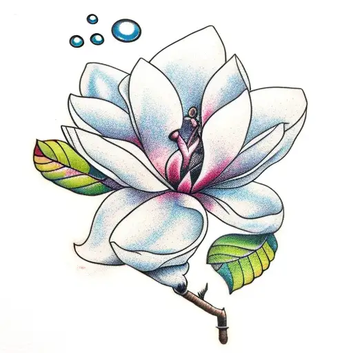 magnolia flower with rain in front of a brick wall tattoo design idea