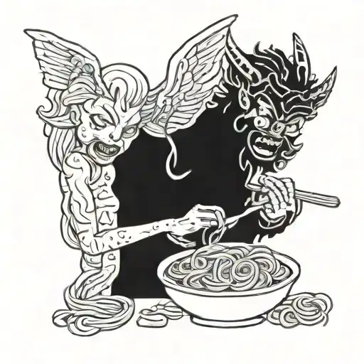 cute demon and  cute angel eating pasta italian tattoo design idea