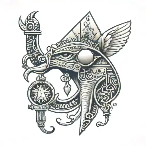 An abstract tattoo featuring elements of finance and money intertwined with Egyptian motifs, symbolizing the client's dedication to their occupation and love for Egypt tattoo design idea