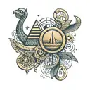 An abstract tattoo featuring elements of finance and money intertwined with Egyptian motifs, symbolizing the client's dedication to their occupation and love for Egypt tattoo design idea