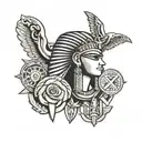 An abstract tattoo featuring elements of finance and money intertwined with Egyptian motifs, symbolizing the client's dedication to their occupation and love for Egypt tattoo design idea