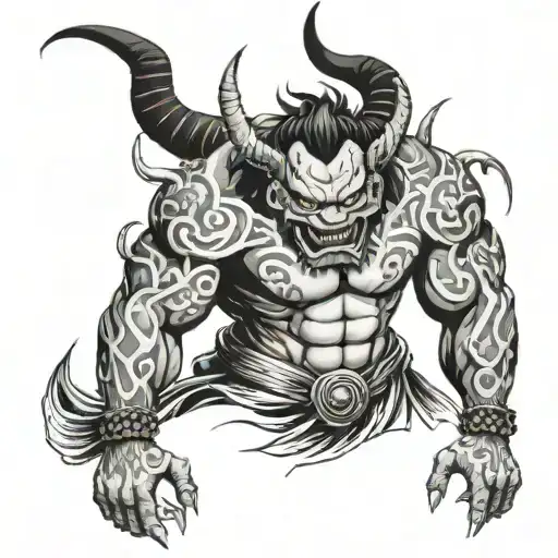 sketch style tattoo of oni demon on his back and went down his arms and stops at his pecs  tattoo design idea