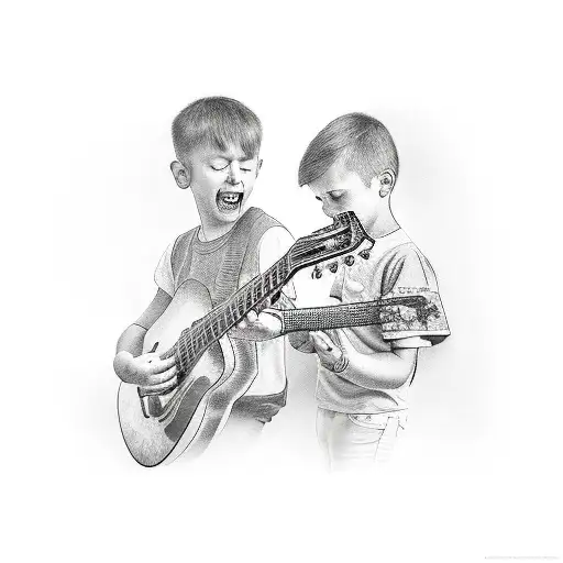 Man playing guitar infront of 2 children tattoo design idea