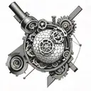 A geometric golf ball design intertwined with mechanical engineering gears and tools tattoo design idea