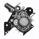 A geometric golf ball design intertwined with mechanical engineering gears and tools tattoo design idea